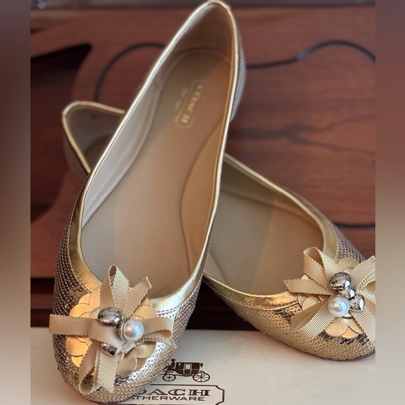 Coach Abigail Gold Sequins Flats with Bow and Pearl Accents - Picture 10 of 11